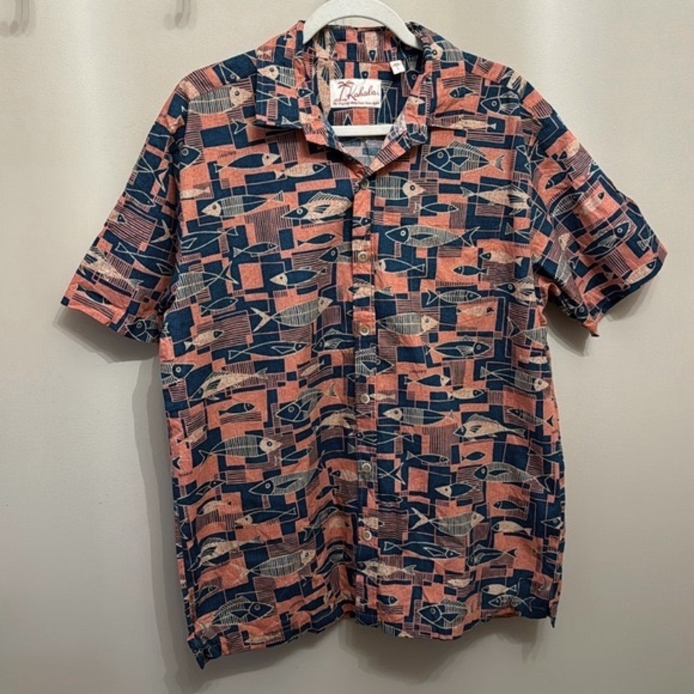 Kahala Fish Scales Hawaiian Salmon Blue Button Up Cotton Shirt Pocket Large USA